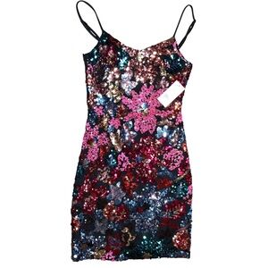 Midnight Doll Party Hoco Prom Cocktail Dress Short NWT Black Floral XS Sequin